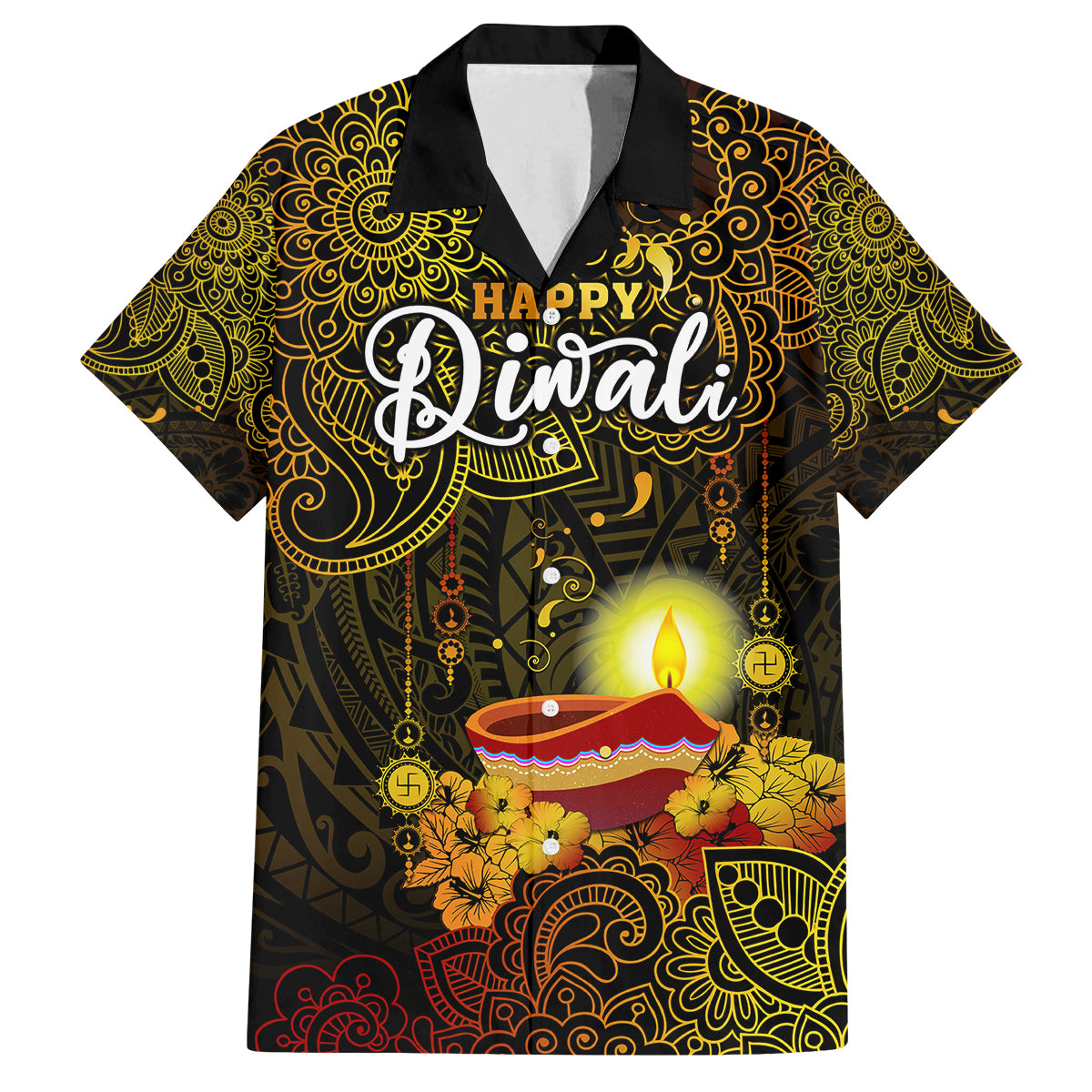 Happy Diwali Festival Family Matching Tank Maxi Dress and Hawaiian Shirt Diya Lamp Hibiscus Polynesian Pattern LT05 Dad's Shirt - Short Sleeve Yellow - Polynesian Pride