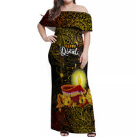 Happy Diwali Festival Off Shoulder Maxi Dress Diya Lamp Hibiscus Polynesian Pattern LT05 Women Yellow - Polynesian Pride
