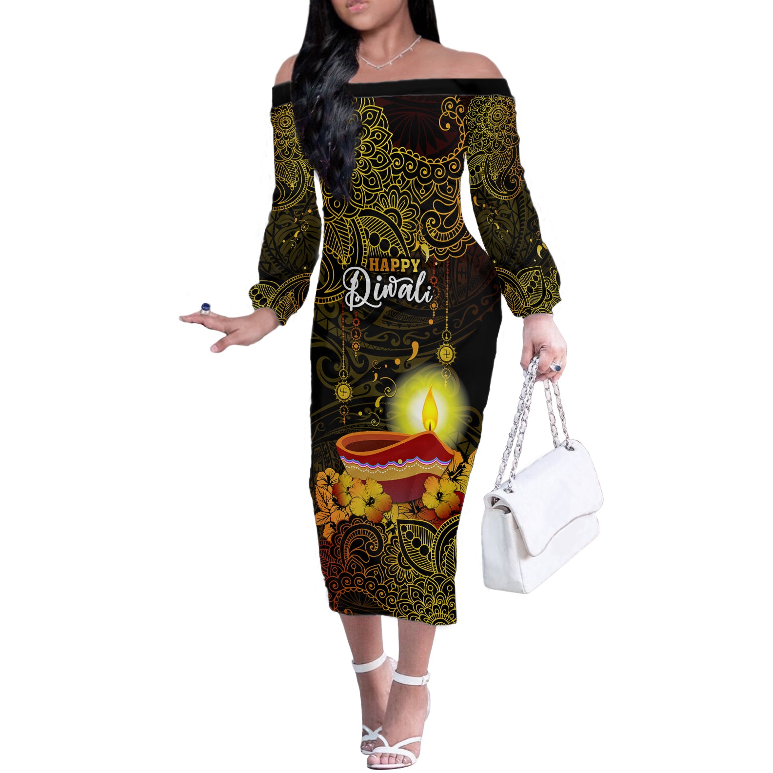 happy-diwali-festival-off-the-shoulder-long-sleeve-dress-diya-lamp-hibiscus-polynesian-pattern