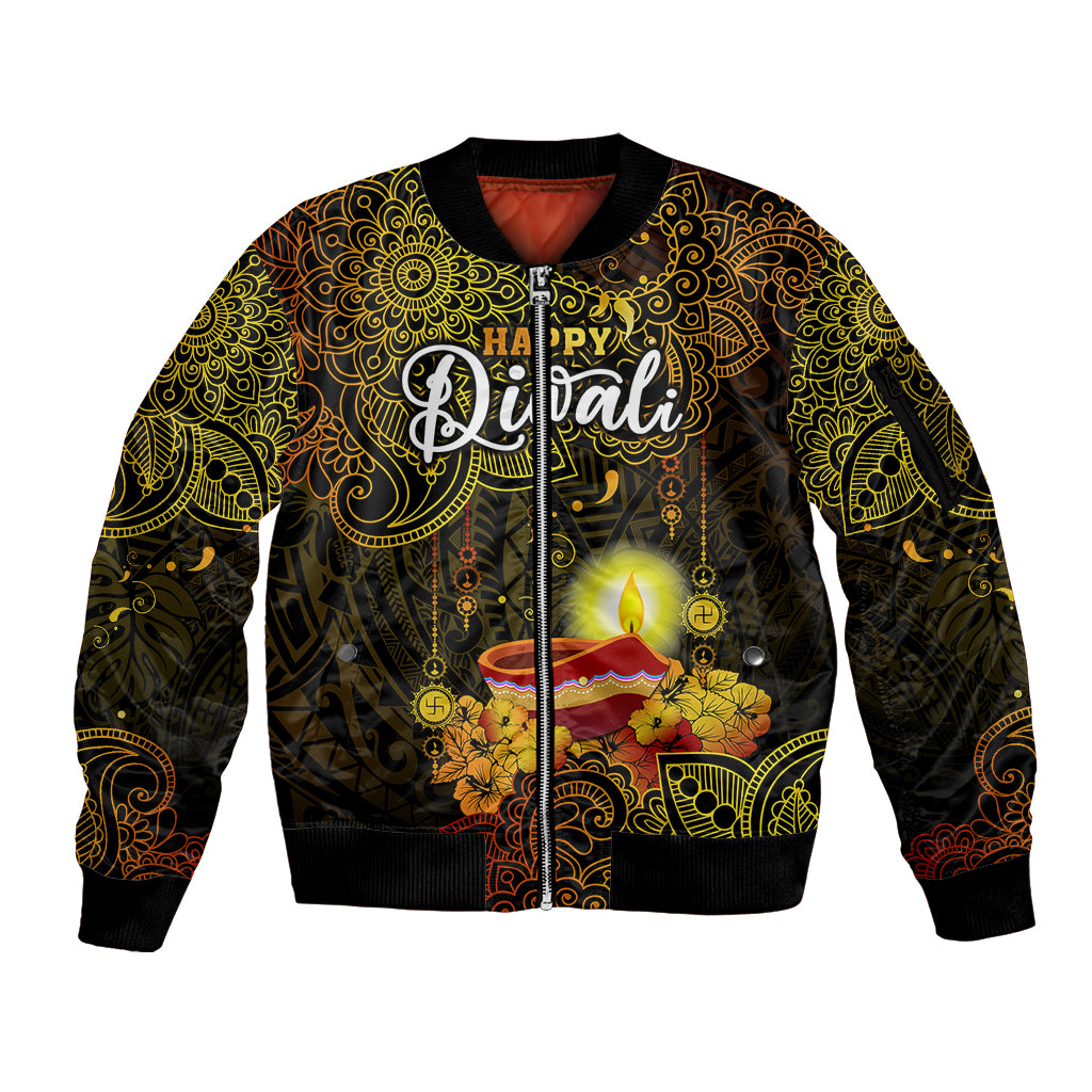 happy-diwali-festival-sleeve-zip-bomber-jacket-diya-lamp-hibiscus-polynesian-pattern