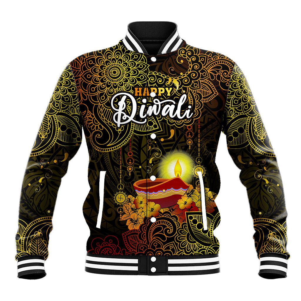 Personalized Happy Diwali Festival Baseball Jacket Diya Lamp Hibiscus Polynesian Pattern LT05 Unisex Yellow - Polynesian Pride