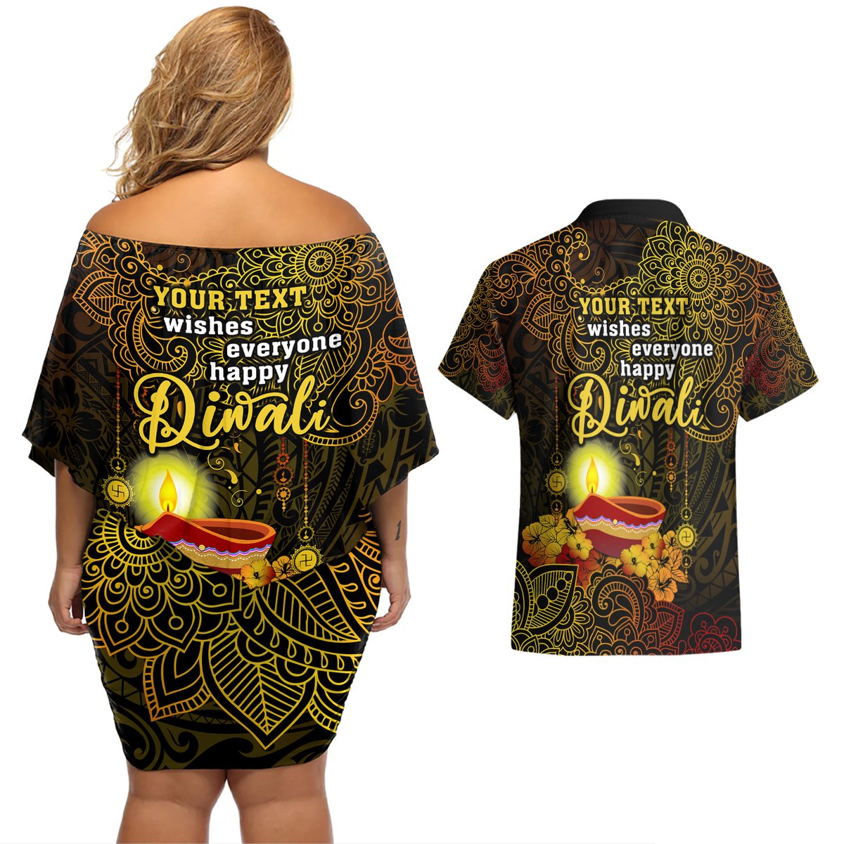 Personalized Happy Diwali Festival Couples Matching Off Shoulder Short Dress and Hawaiian Shirt Diya Lamp Hibiscus Polynesian Pattern LT05 - Polynesian Pride