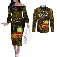 Personalized Happy Diwali Festival Couples Matching Off The Shoulder Long Sleeve Dress and Long Sleeve Button Shirts Diya Lamp Hibiscus Polynesian Pattern LT05 Yellow - Polynesian Pride