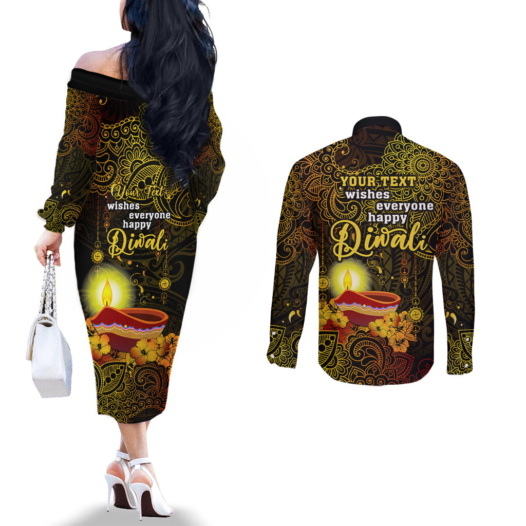 Personalized Happy Diwali Festival Couples Matching Off The Shoulder Long Sleeve Dress and Long Sleeve Button Shirts Diya Lamp Hibiscus Polynesian Pattern LT05 - Polynesian Pride