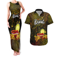 Personalized Happy Diwali Festival Couples Matching Tank Maxi Dress and Hawaiian Shirt Diya Lamp Hibiscus Polynesian Pattern LT05 Yellow - Polynesian Pride