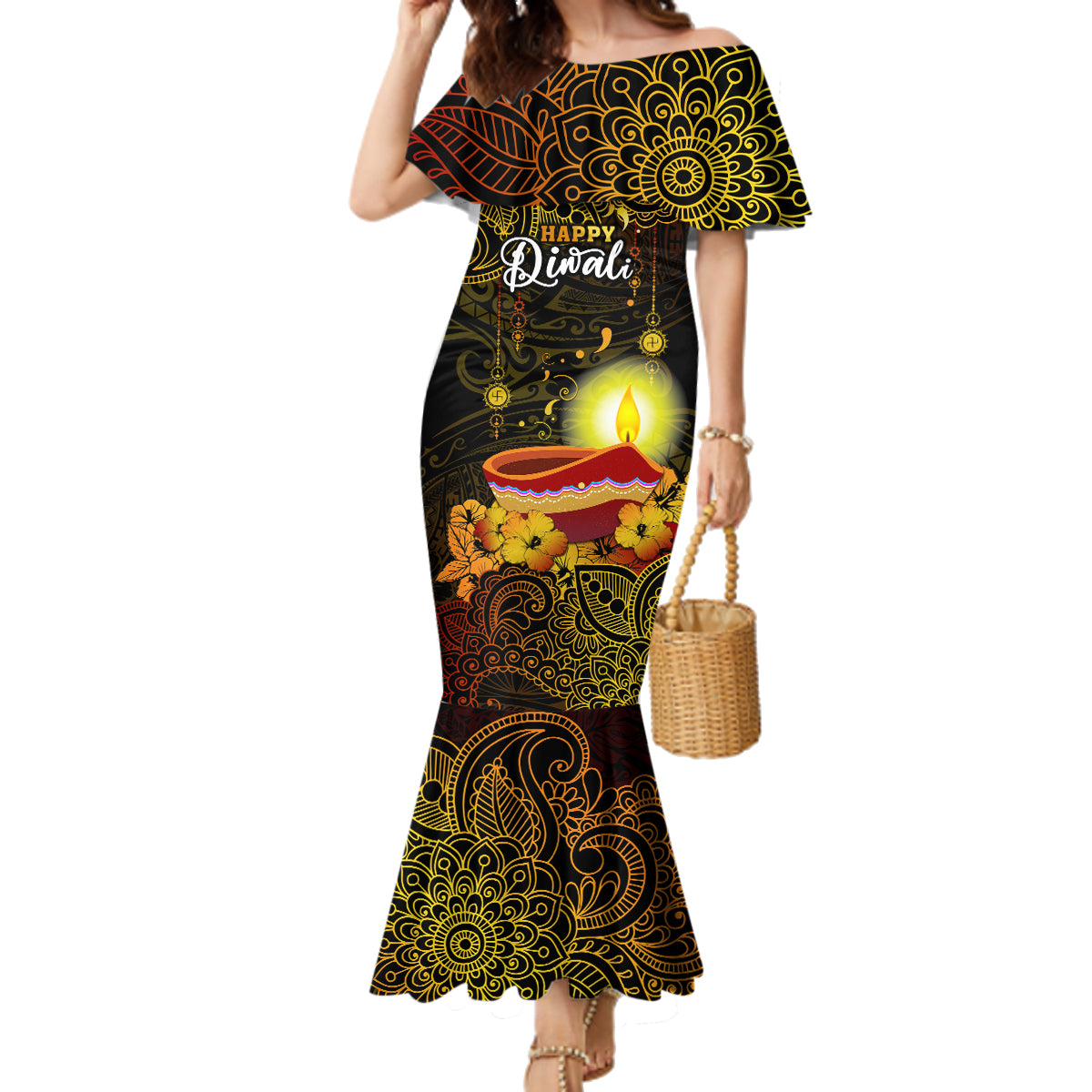 Personalized Happy Diwali Festival Family Matching Mermaid Dress and Hawaiian Shirt Diya Lamp Hibiscus Polynesian Pattern LT05 Mom's Dress Yellow - Polynesian Pride