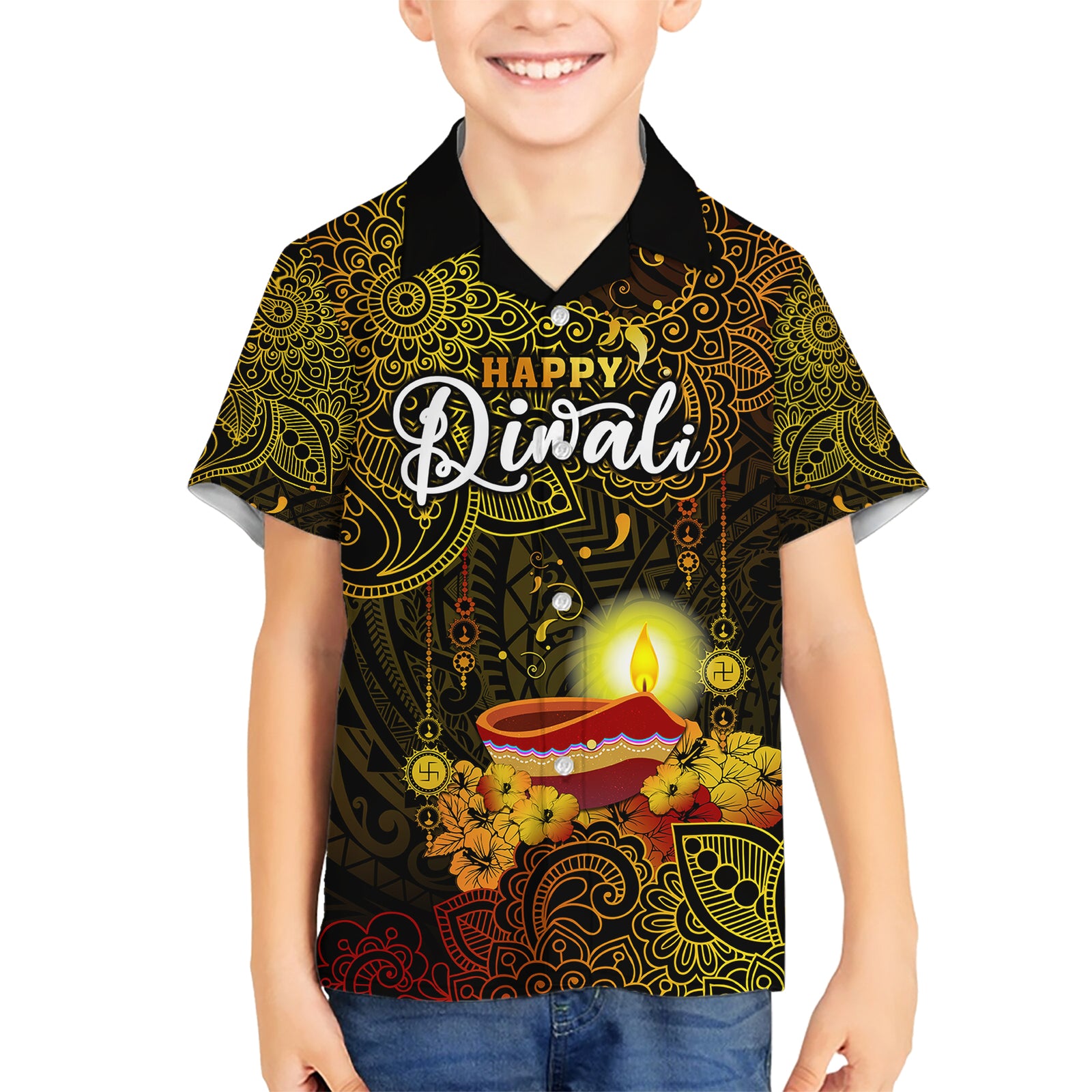 personalized-happy-diwali-festival-kid-hawaiian-shirt-diya-lamp-hibiscus-polynesian-pattern