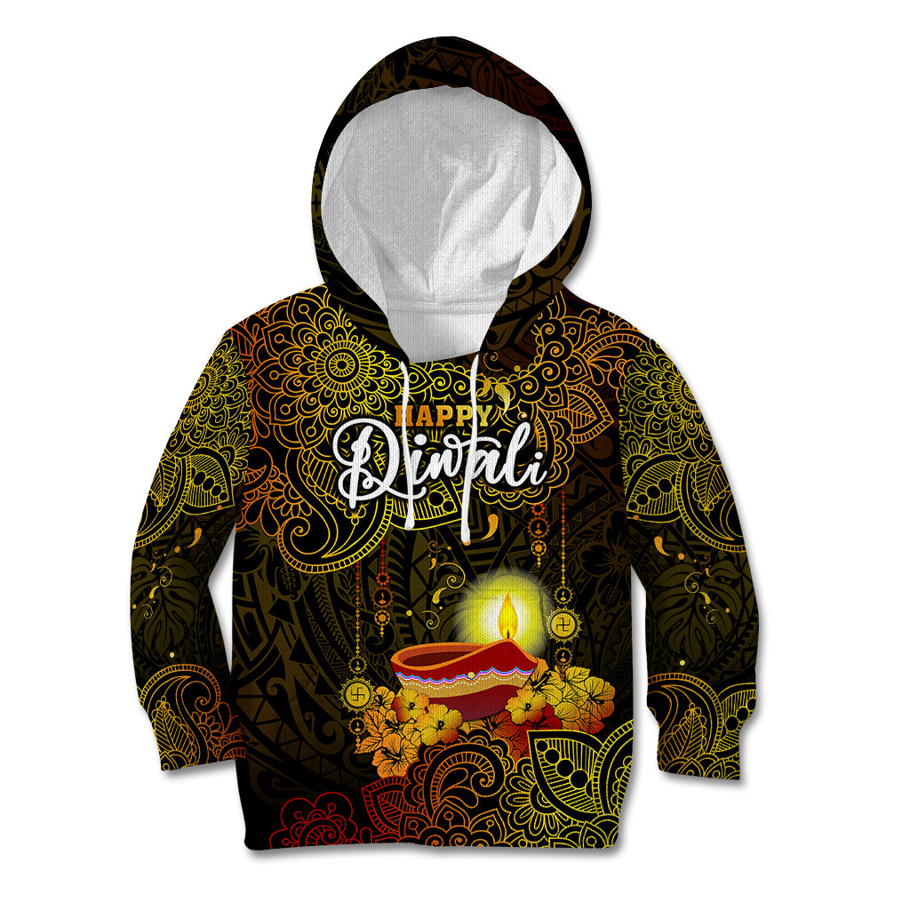 Personalized Happy Diwali Festival Kid Hoodie Diya Lamp Hibiscus Polynesian Pattern LT05 Hoodie Yellow - Polynesian Pride