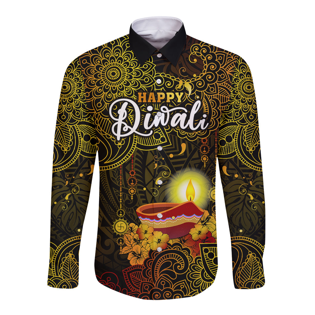 personalized-happy-diwali-festival-long-sleeve-button-shirt-diya-lamp-hibiscus-polynesian-pattern