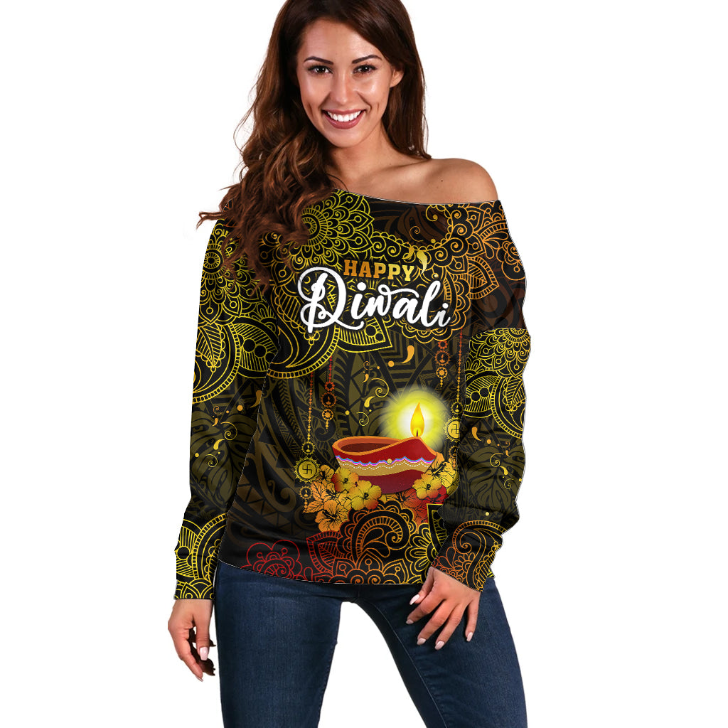 personalized-happy-diwali-festival-off-shoulder-sweater-diya-lamp-hibiscus-polynesian-pattern