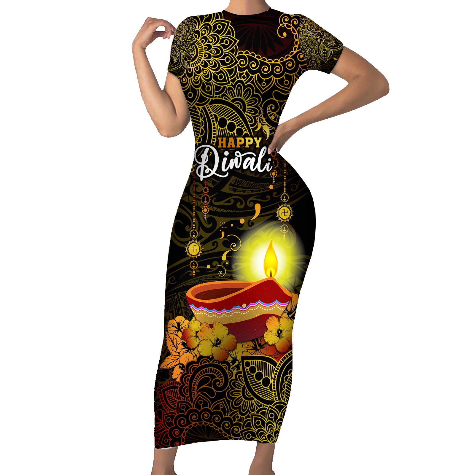 personalized-happy-diwali-festival-short-sleeve-bodycon-dress-diya-lamp-hibiscus-polynesian-pattern