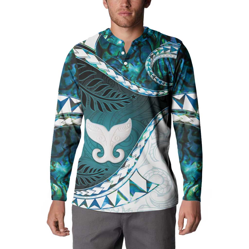 Aotearoa New Zealand Button Sweatshirt Maori Wera Paua Shell Teal Glitter
