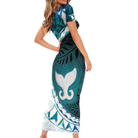Aotearoa New Zealand Family Matching Short Sleeve Bodycon Dress and Hawaiian Shirt Maori Wera Paua Shell Teal Glitter