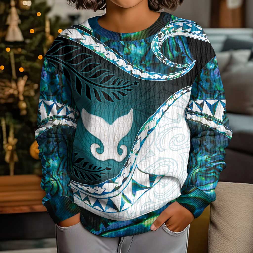 Aotearoa New Zealand Kid Ugly Christmas Sweater Maori Wera Paua Shell Teal Glitter LT05 - Polynesian Pride
