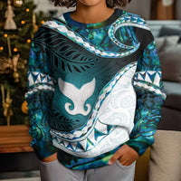 Aotearoa New Zealand Kid Ugly Christmas Sweater Maori Wera Paua Shell Teal Glitter LT05 - Polynesian Pride