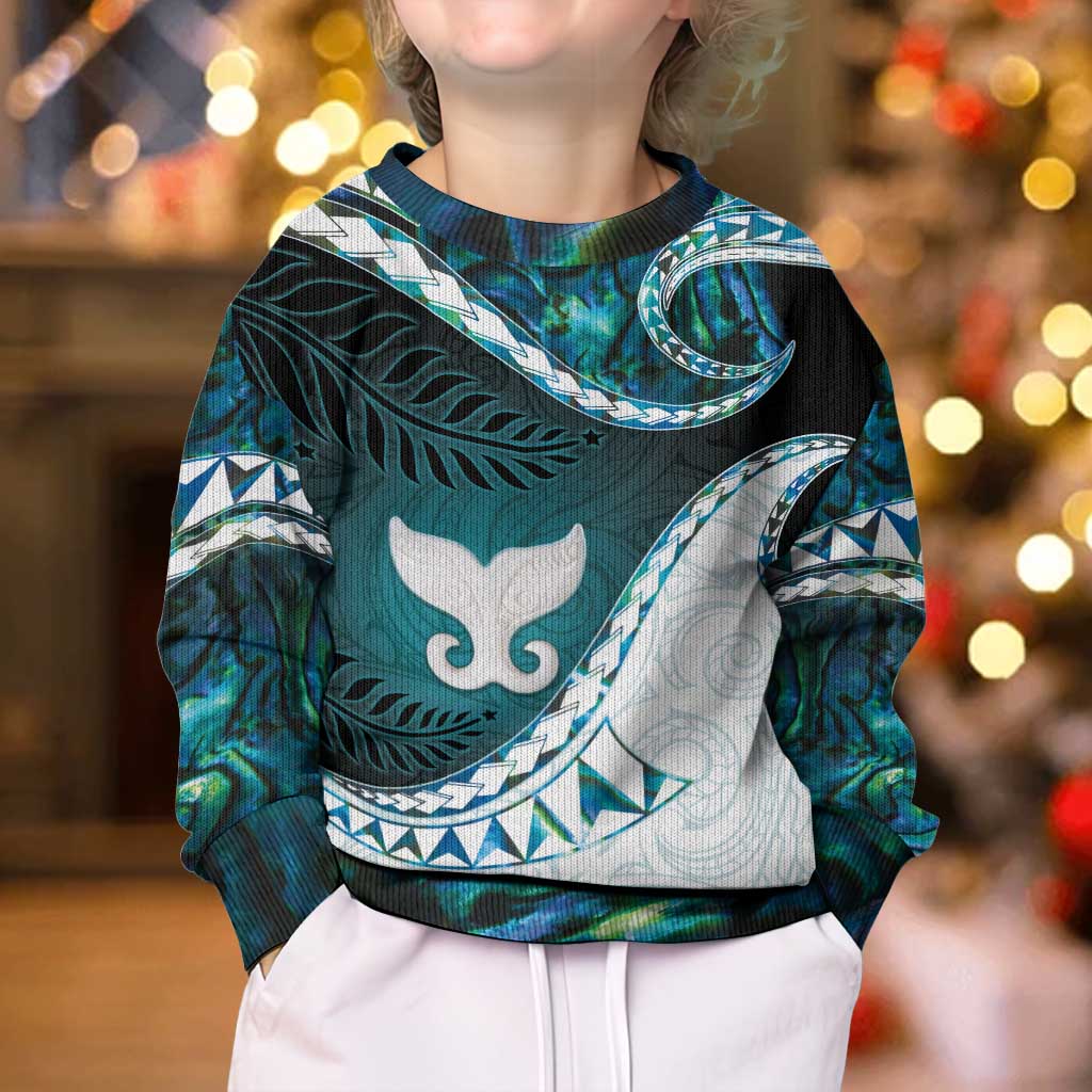 Aotearoa New Zealand Kid Ugly Christmas Sweater Maori Wera Paua Shell Teal Glitter LT05 - Polynesian Pride