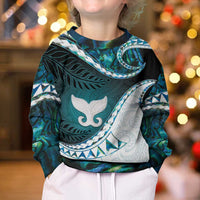 Aotearoa New Zealand Kid Ugly Christmas Sweater Maori Wera Paua Shell Teal Glitter LT05 - Polynesian Pride