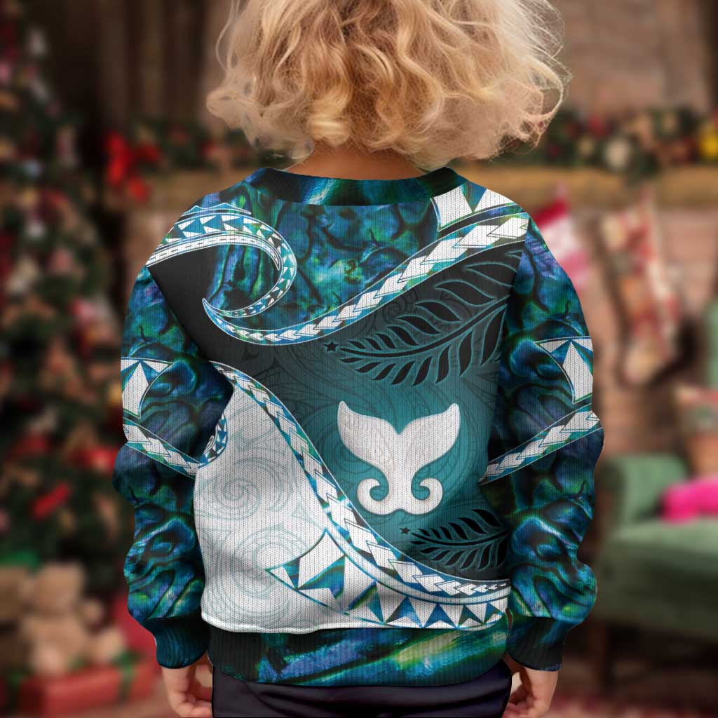 Aotearoa New Zealand Kid Ugly Christmas Sweater Maori Wera Paua Shell Teal Glitter LT05 - Polynesian Pride