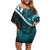 Aotearoa New Zealand Off Shoulder Short Dress Maori Wera Paua Shell Teal Glitter