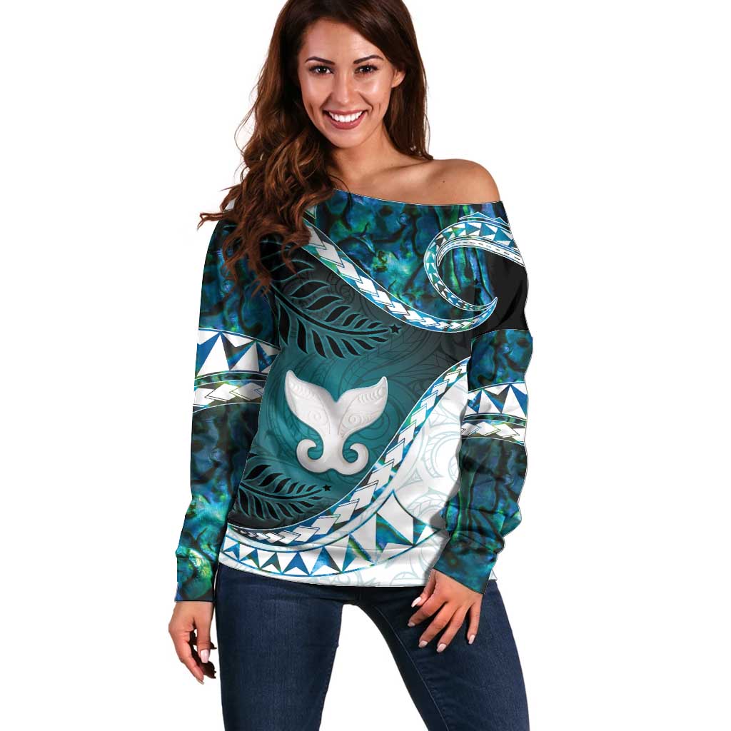 Aotearoa New Zealand Off Shoulder Sweater Maori Wera Paua Shell Teal Glitter