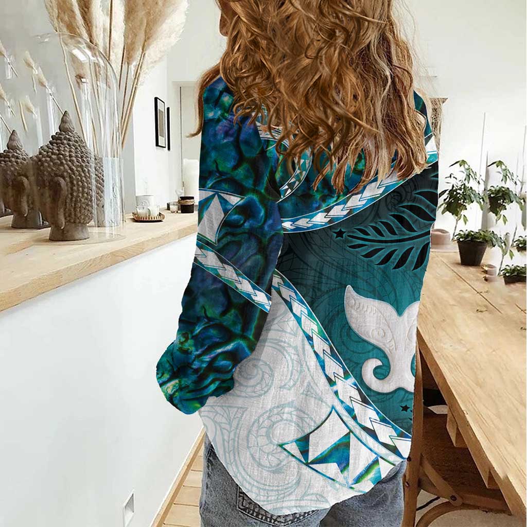 Aotearoa New Zealand Women Casual Shirt Maori Wera Paua Shell Teal Glitter LT05 - Polynesian Pride