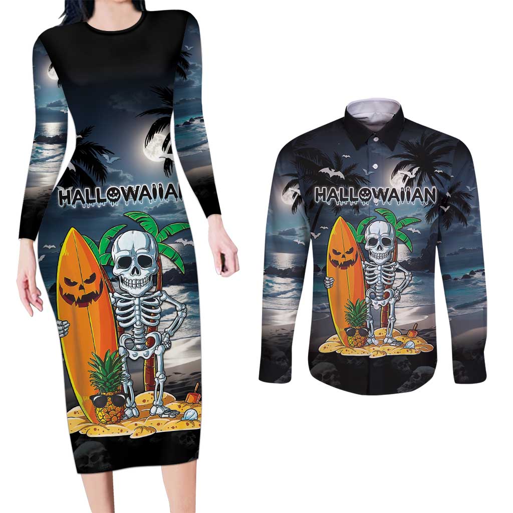 Personalised Hawaii Halloween Couples Matching Long Sleeve Bodycon Dress and Long Sleeve Button Shirt Hallowaiian Skeleton Surf