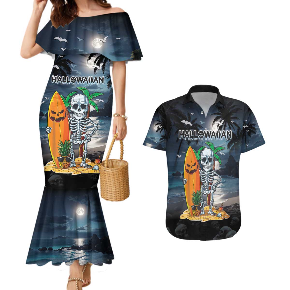 Personalised Hawaii Halloween Couples Matching Mermaid Dress and Hawaiian Shirt Hallowaiian Skeleton Surf