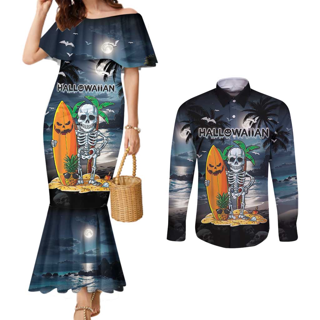 Personalised Hawaii Halloween Couples Matching Mermaid Dress and Long Sleeve Button Shirt Hallowaiian Skeleton Surf