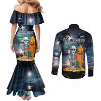 Personalised Hawaii Halloween Couples Matching Mermaid Dress and Long Sleeve Button Shirt Hallowaiian Skeleton Surf