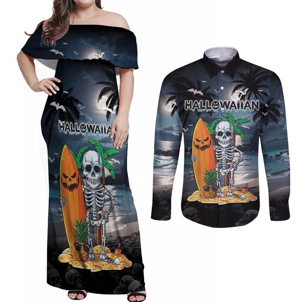 Personalised Hawaii Halloween Couples Matching Off Shoulder Maxi Dress and Long Sleeve Button Shirt Hallowaiian Skeleton Surf
