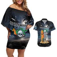 Personalised Hawaii Halloween Couples Matching Off Shoulder Short Dress and Hawaiian Shirt Hallowaiian Skeleton Surf