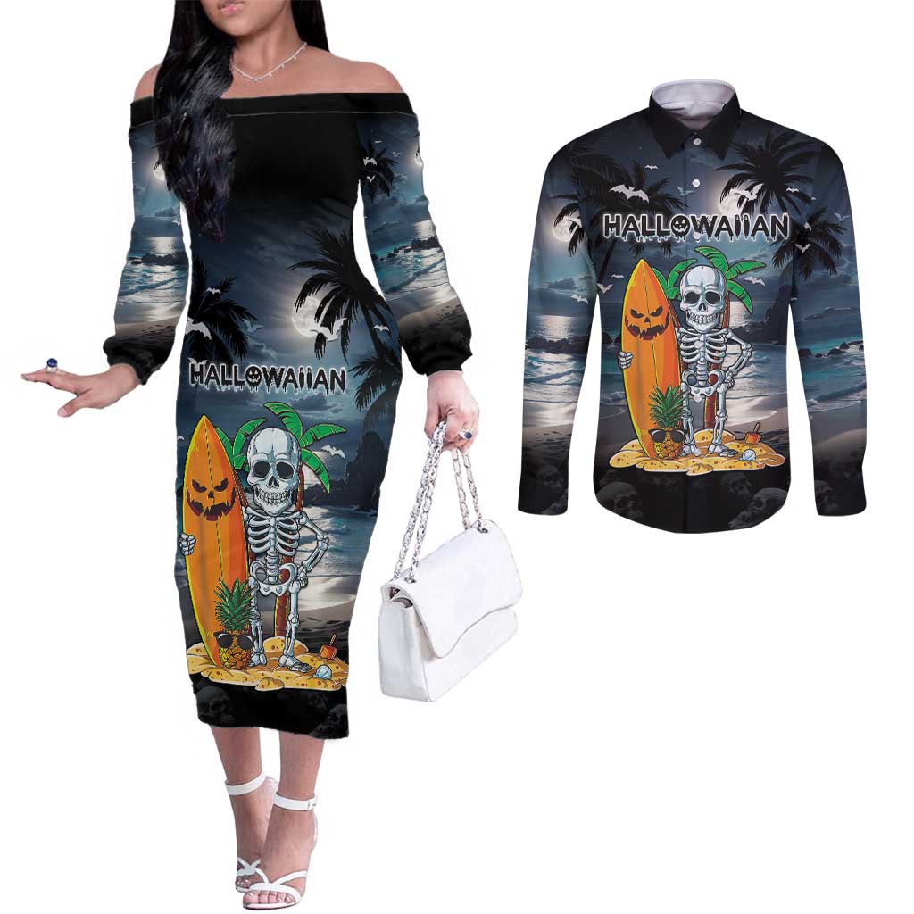 Personalised Hawaii Halloween Couples Matching Off The Shoulder Long Sleeve Dress and Long Sleeve Button Shirt Hallowaiian Skeleton Surf