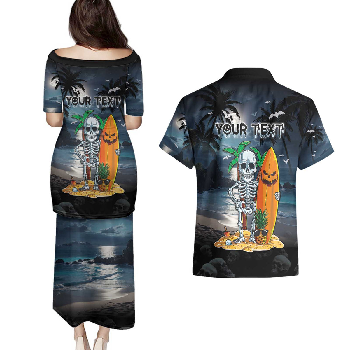 Personalised Hawaii Halloween Couples Matching Puletasi and Hawaiian Shirt Hallowaiian Skeleton Surf