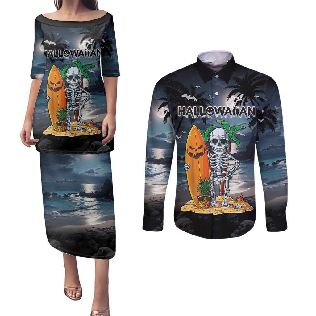 Personalised Hawaii Halloween Couples Matching Puletasi and Long Sleeve Button Shirt Hallowaiian Skeleton Surf