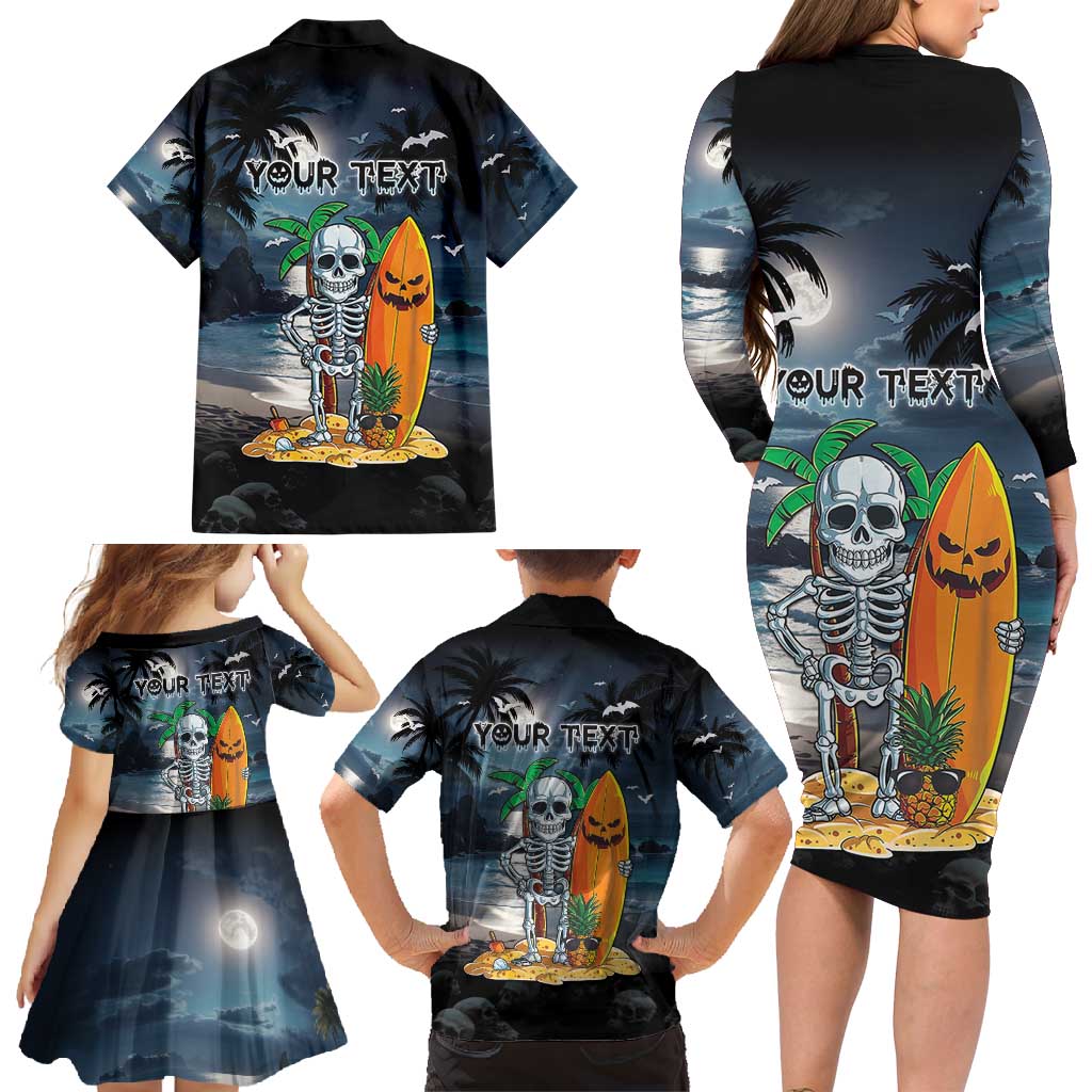 Personalised Hawaii Halloween Family Matching Long Sleeve Bodycon Dress and Hawaiian Shirt Hallowaiian Skeleton Surf