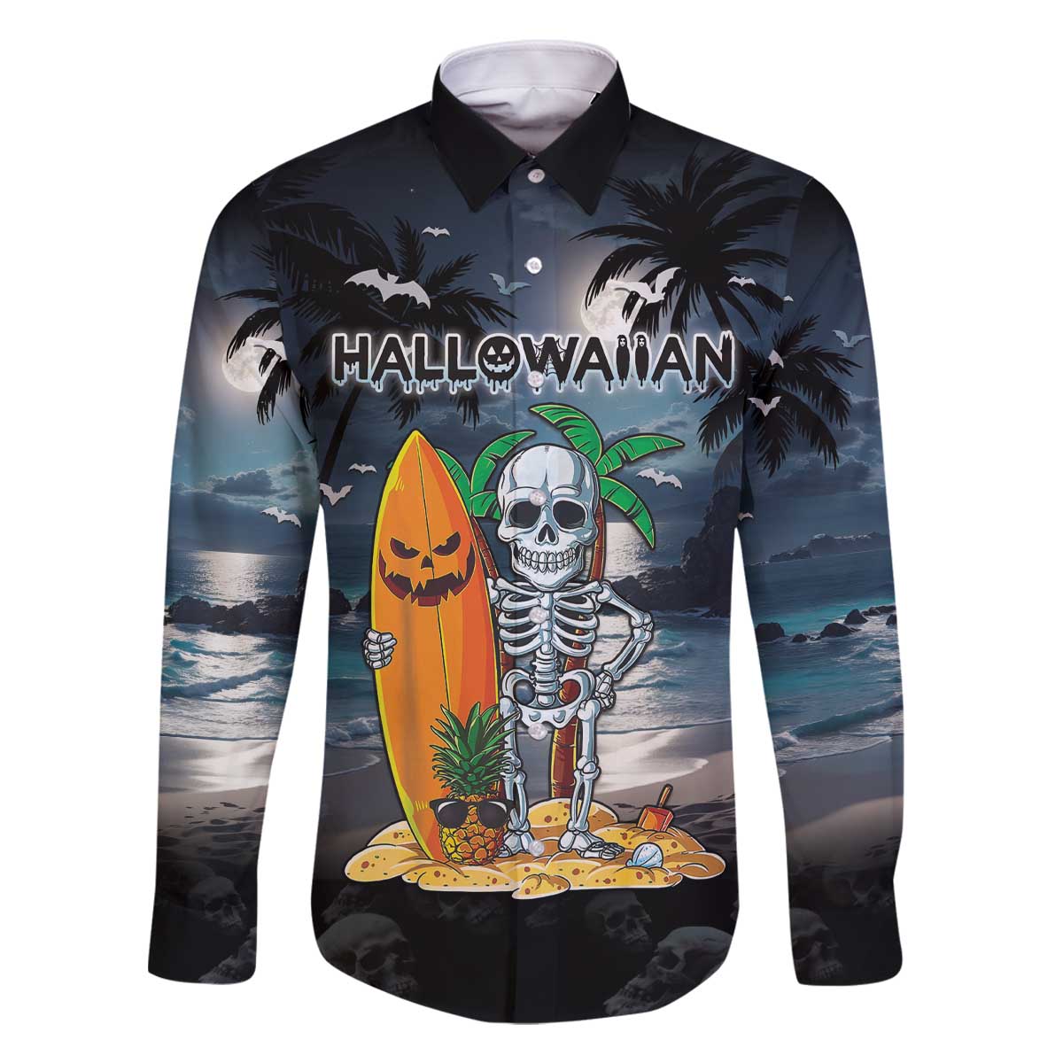 Personalised Hawaii Halloween Family Matching Off Shoulder Short Dress and Hawaiian Shirt Hallowaiian Skeleton Surf