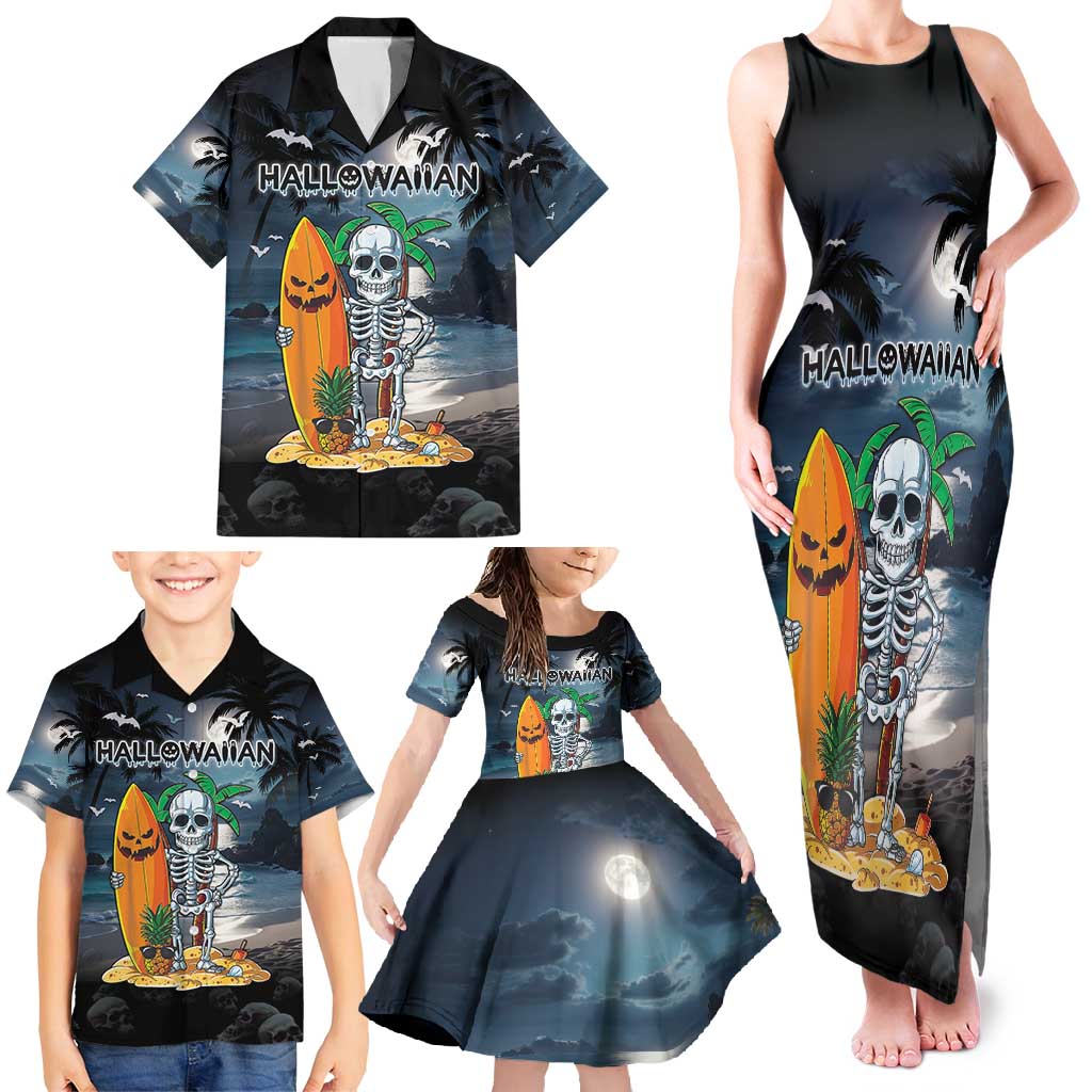 Personalised Hawaii Halloween Family Matching Tank Maxi Dress and Hawaiian Shirt Hallowaiian Skeleton Surf