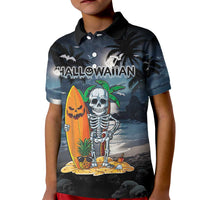 Personalised Hawaii Halloween Kid Polo Shirt Hallowaiian Skeleton Surf