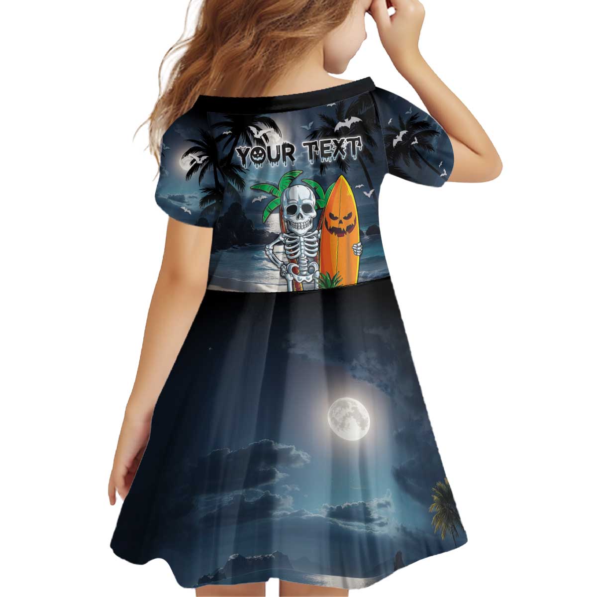 Personalised Hawaii Halloween Kid Short Sleeve Dress Hallowaiian Skeleton Surf
