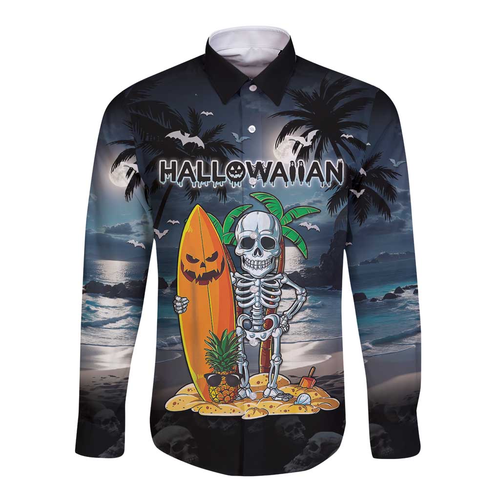 Personalised Hawaii Halloween Long Sleeve Button Shirt Hallowaiian Skeleton Surf LT05 Unisex Black - Polynesian Pride