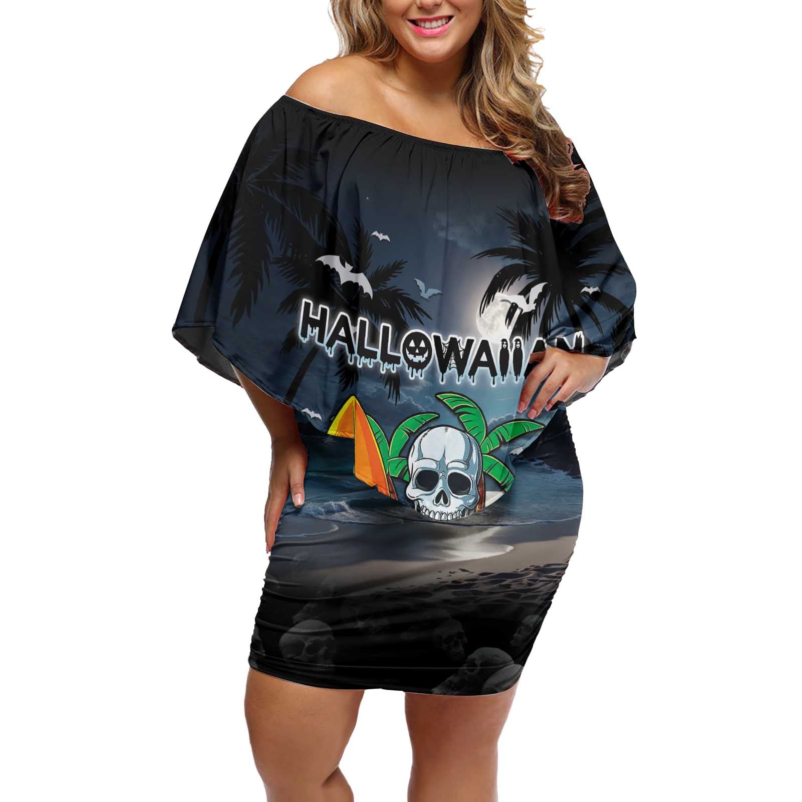 Personalised Hawaii Halloween Off Shoulder Short Dress Hallowaiian Skeleton Surf