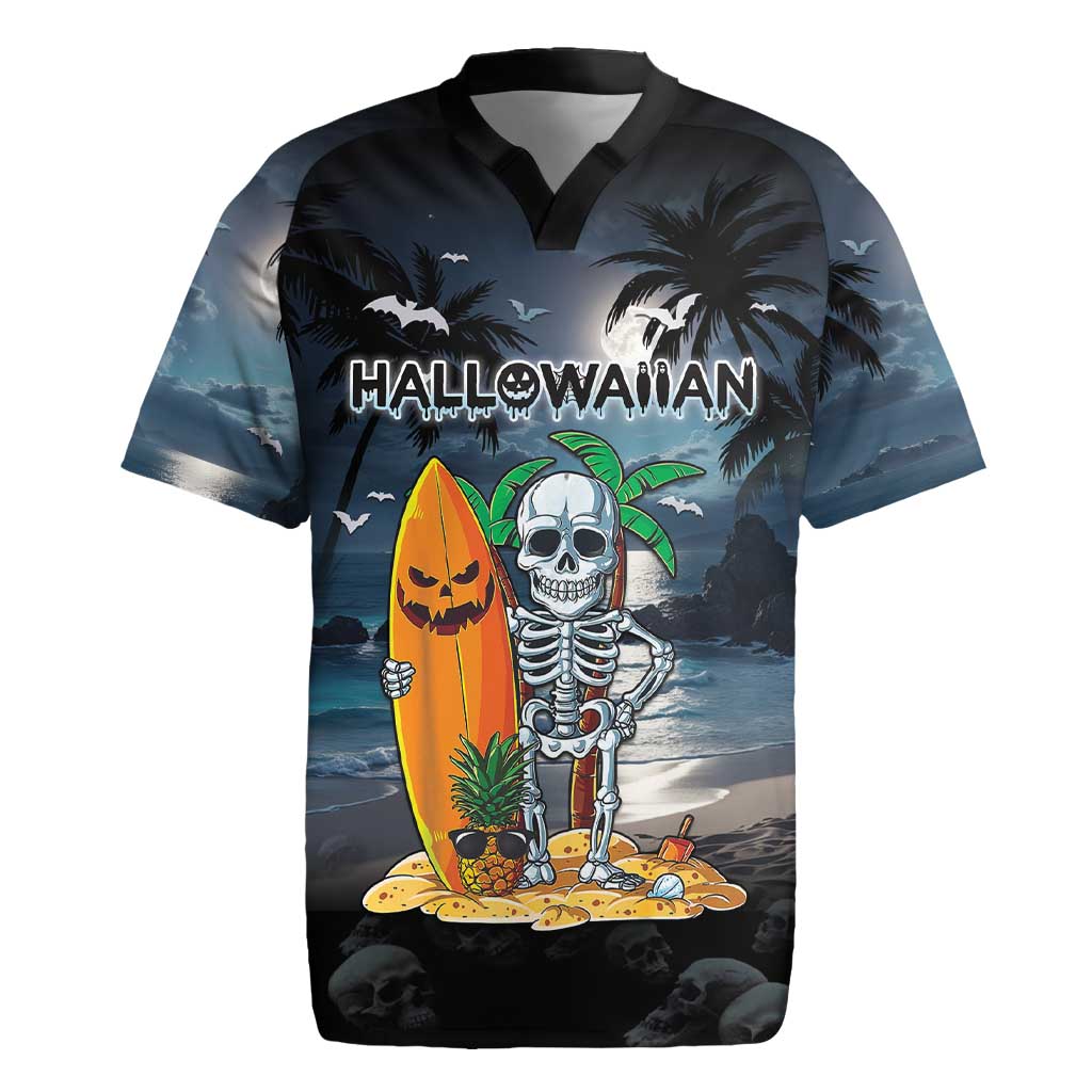 Personalised Hawaii Halloween Rugby Jersey Hallowaiian Skeleton Surf