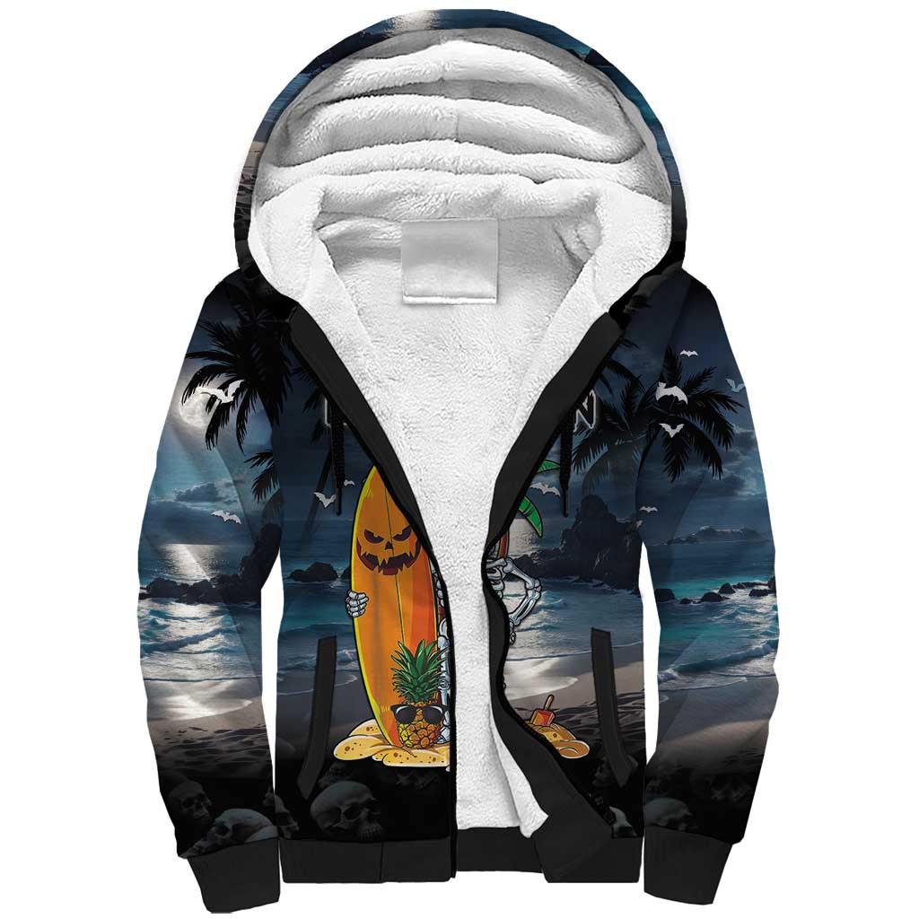 Personalised Hawaii Halloween Sherpa Hoodie Hallowaiian Skeleton Surf