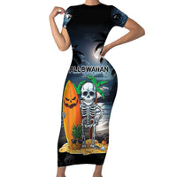Personalised Hawaii Halloween Short Sleeve Bodycon Dress Hallowaiian Skeleton Surf LT05 Long Dress Black - Polynesian Pride
