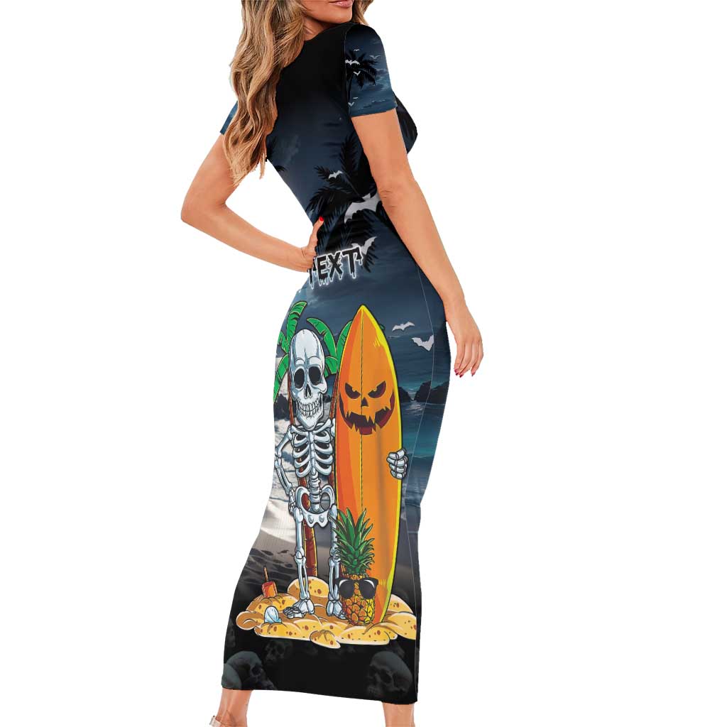 Personalised Hawaii Halloween Short Sleeve Bodycon Dress Hallowaiian Skeleton Surf LT05 - Polynesian Pride