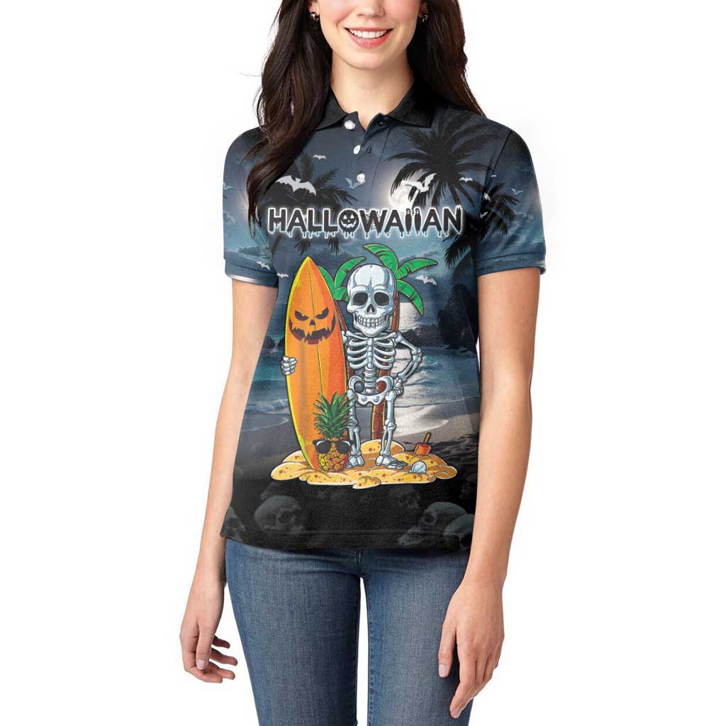 Personalised Hawaii Halloween Women Polo Shirt Hallowaiian Skeleton Surf