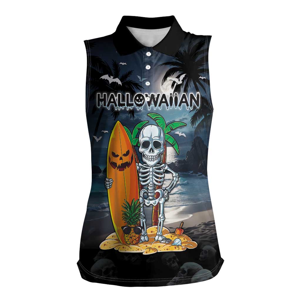 Personalised Hawaii Halloween Women Sleeveless Polo Shirt Hallowaiian Skeleton Surf LT05 Female Black - Polynesian Pride