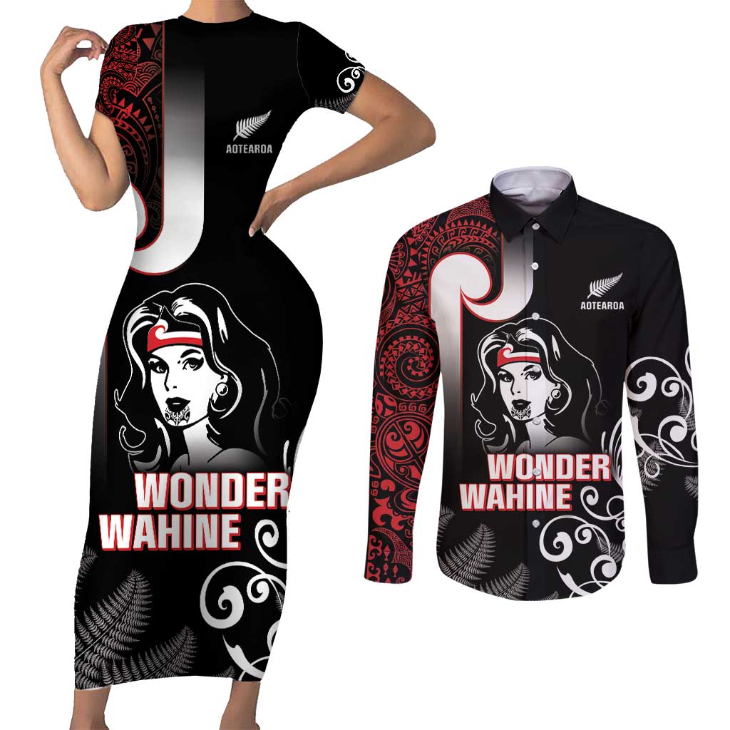 New Zealand Aotearoa Mana Wahine Couples Matching Short Sleeve Bodycon Dress and Long Sleeve Button Shirt
