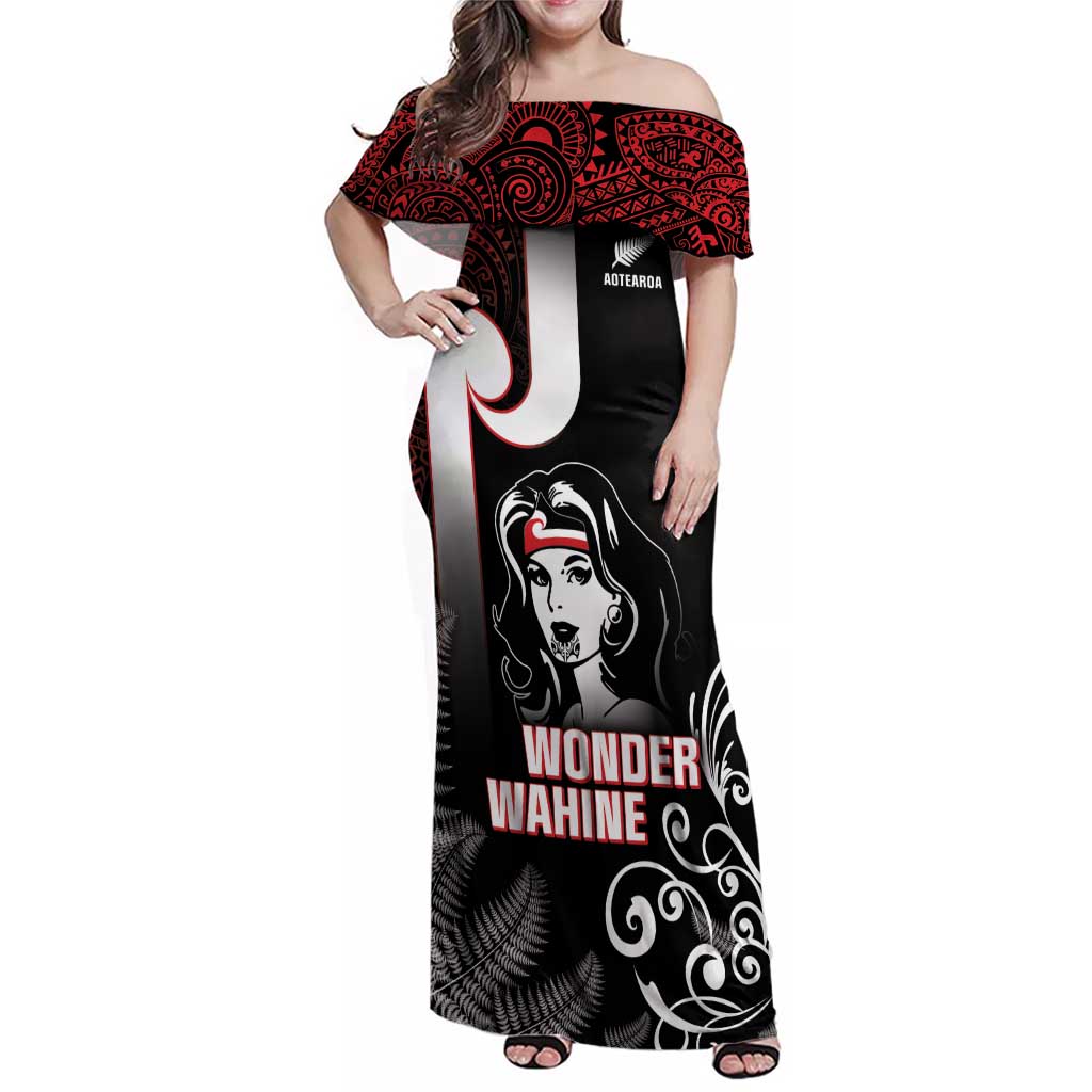 New Zealand Aotearoa Mana Wahine Family Matching Off Shoulder Maxi Dress and Hawaiian Shirt LT05 Mom's Dress Black - Polynesian Pride
