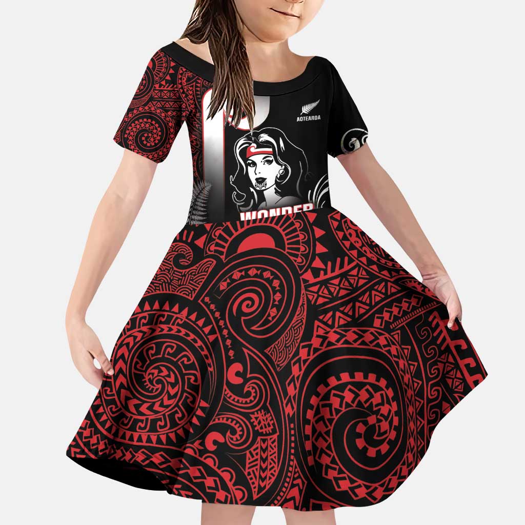 New Zealand Aotearoa Mana Wahine Family Matching Puletasi and Hawaiian Shirt LT05 Daughter's Dress Black - Polynesian Pride